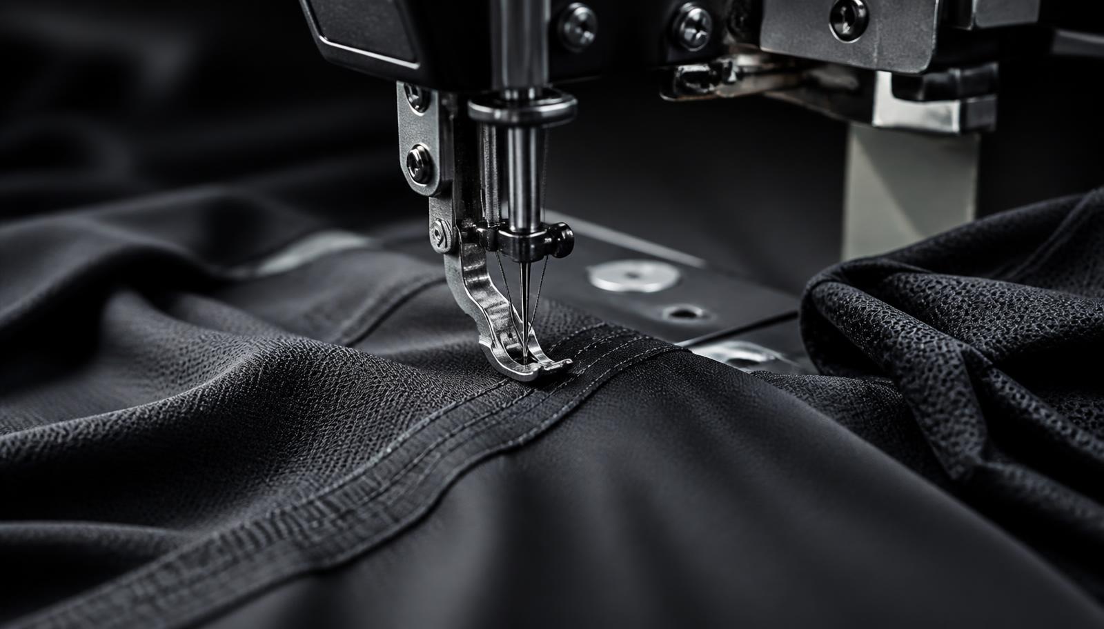 Close-up of an industrial sewing machine stitching athletic performance fabric